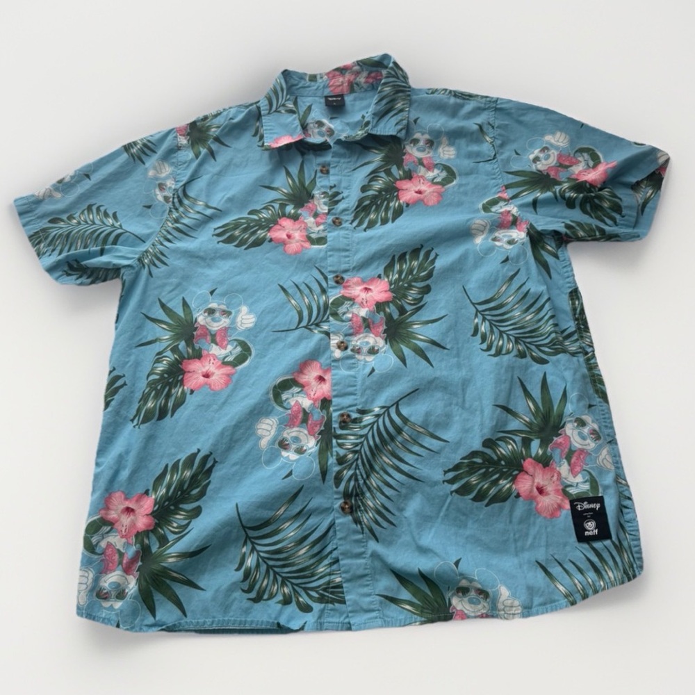 Neff Disney Mickey Mouse Blue Floral Hawaiian Aloha Button up Shirt Men’s Large